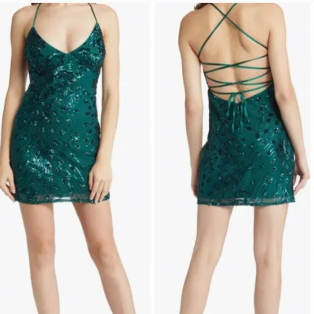 Lulu's NWT Emerald Green Sequin Lace-Up Mini Dress - Size XS